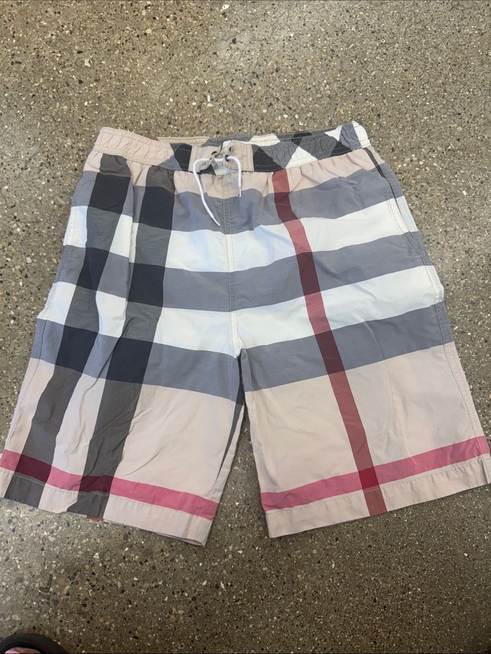Burberry Boys Plaid Swim Trunks in Red, Gray & Cream - Size 14Y